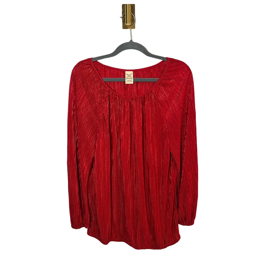 Romantic Holiday Red Festive Blouse Pleated Shimmer Flowy Elegant Large 12-14